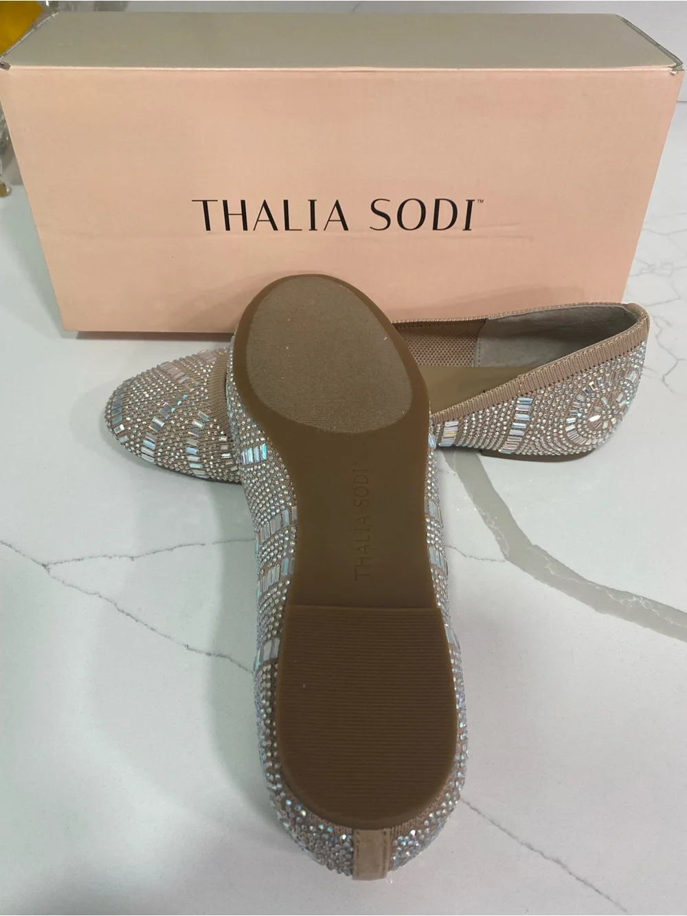 Thalia Sodi Champagne-Beige Crystal Embellished Flats